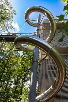 Binz, Ruegen, Mecklenburg-Western Pomerania, Germany-July 23, 2026: Spiral slide at the treetop walk tower
