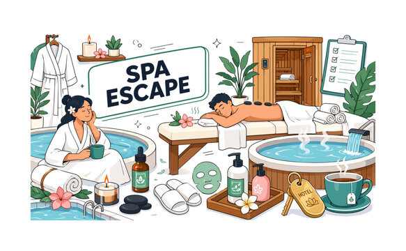 Spa Vacation Retreat. A clean editorial banner showing two guests relaxing beside an oversized massage table and hot tub, with a spa robe, towel, candle, essential oil, slippers, face mask, sauna, tea