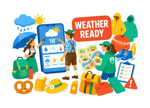 Oktoberfest Weather Preparation banner featuring two visitors and an organizer checking an oversized weather app and large festival map; rain jacket, umbrella, sun hat, sunscreen, warm sweater,