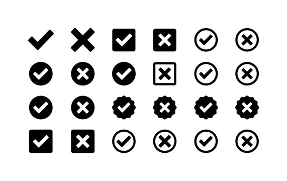 Checkmark Cross Symbols, solid glyph icon set featuring checkmark, cross mark, checked box, rejected box, approval circle, decline circle, positive badge, negative badge, survey choice, voting option,