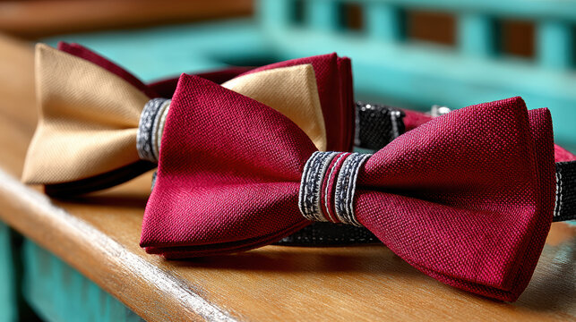 Close-up red and cream bowtie on wooden surface for father's day dressing and gift display showing fabric texture and elegant men's accessory for formal outfit styling