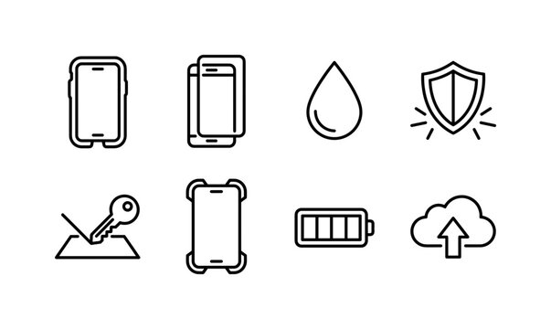 Mobile Device Protection, line icon set featuring smartphone case, screen protector, water drop, shock shield, scratch guard, bumper, battery and cloud backup, covering phone accessories, device