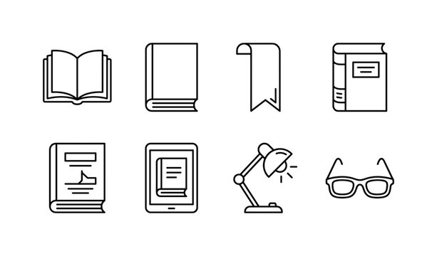 Book Reading Symbols, line icon set featuring open book, closed book, bookmark, library book, textbook, ebook tablet and reading lamp, covering education, literature, libraries, publishing and