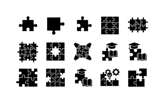 Puzzle Background Pieces, solid glyph icon set featuring puzzle grid, corner piece, edge piece, center piece, connected puzzle, missing tile, modular pattern, covering games, education, teamwork,
