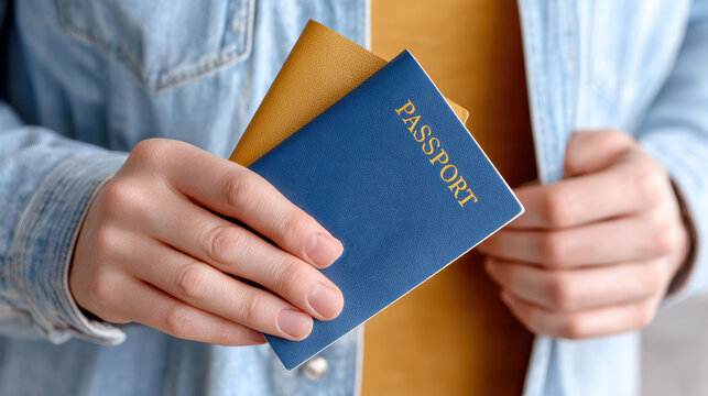 Person holding passport and identity card at jacket pocket for travel preparation and security check banner