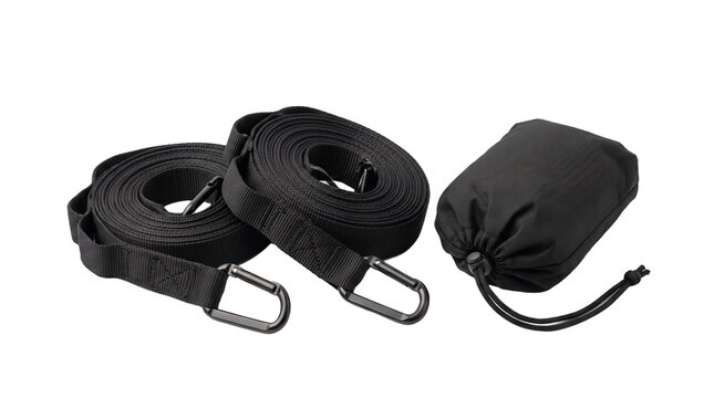 Black nylon tie down straps with carabiner clips and storage bag PNG Isolated on transparent background