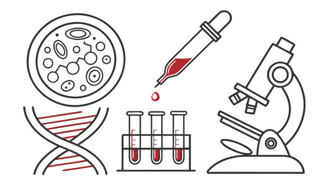Medical laboratory research with microscope, dna, petri dish, pipette and test tubes representing science, genetics, analysis, biotechnology and healthcare