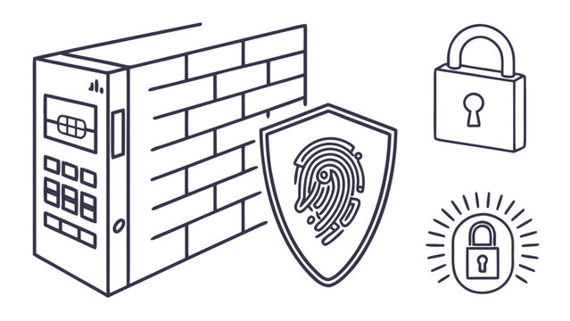Cybersecurity protection with firewall, fingerprint shield and padlocks representing data security, privacy, authentication and digital access control
