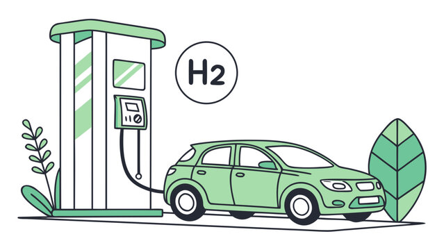 Hydrogen fuel station with electric car representing clean energy, sustainable transport, green technology, zero emissions and eco friendly mobility
