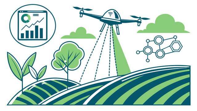 Smart farming with agricultural drone, crop fields and data analytics representing precision agriculture, sustainable technology, monitoring and innovation