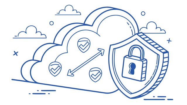 Cloud security with shield and padlock representing data protection, cybersecurity, privacy, secure storage, encryption and digital technology