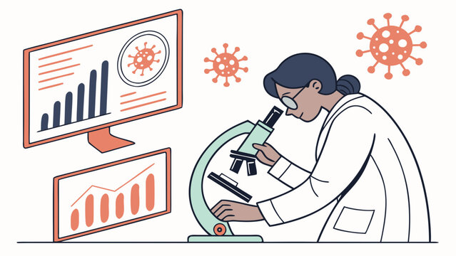 Laboratory scientist analyzing virus samples with microscope and digital charts representing medical research, diagnostics, virology and healthcare