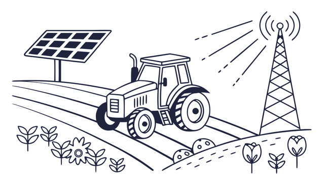Sustainable smart farming with tractor, solar panel, wind turbine and crops representing renewable energy, agriculture, clean technology and eco friendly rural development