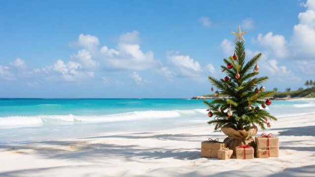 Tropical Christmas Beach with Decorated Palm Tree and Gifts