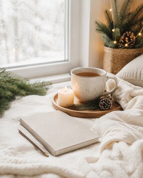 Peaceful Christmas Morning Self-Care Scene with Tea and Candle