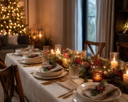 Elegant Christmas Dinner Table with Candles and Festive Centerpiece