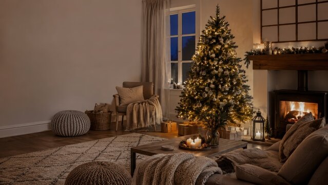 Cozy Christmas Living Room with Glowing Fireplace and Decorated Tree