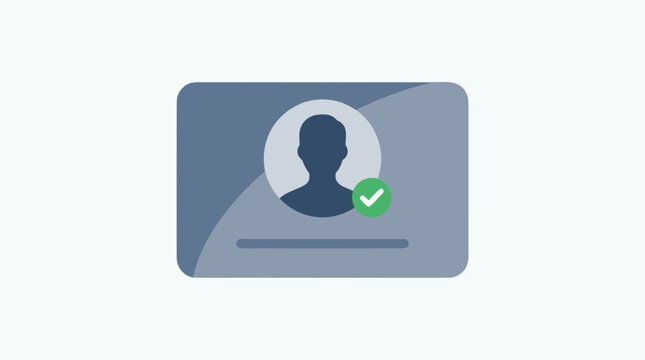 User profile card icon showing silhouette with green checkmark symbol for verification in this clean flat vector graphic design illustration