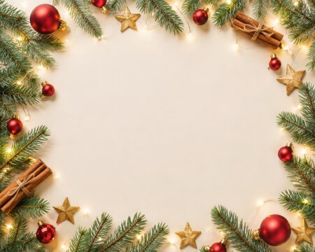 Minimal Christmas Flat Lay with Pine Branches and Central Copy Space