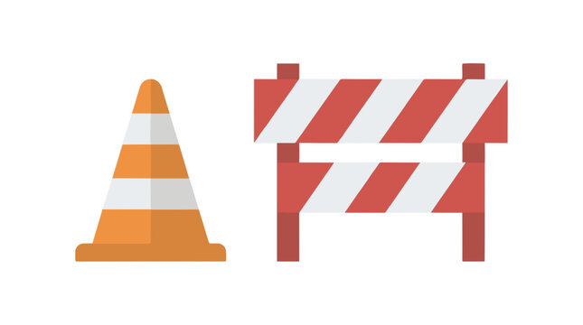 Orange traffic cone and red construction barrier vector illustration featuring striped safety signs for road maintenance and urban zone security