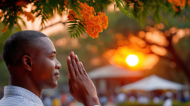 Civilian prayer gesture at sunset for vijay diwas remembrance background banner with floral foreground and warm light