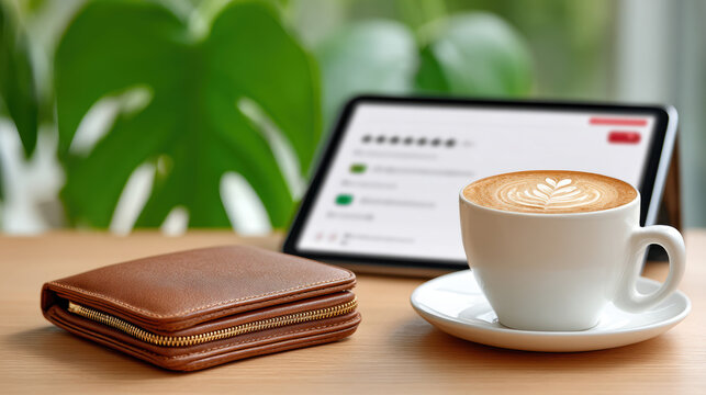 Tablet coffee wallet on indoor cafe table displaying restaurant recommendations and ratings on screen for travel planning and casual business meetings in a green plant filled setting