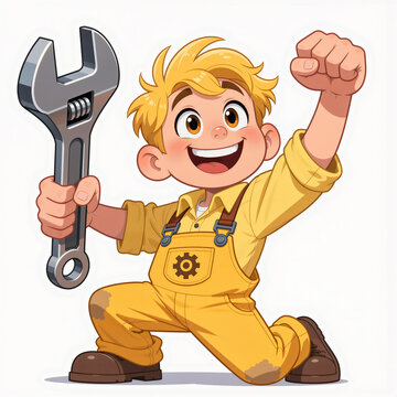 A cheerful cartoon mechanic boy with a giant wrench beams confidently on a clean white background.