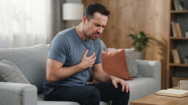 Man sitting on a sofa experiencing sudden chest pain