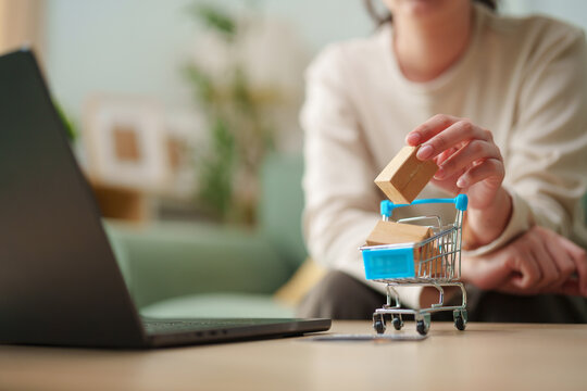 Woman adding miniature package to shopping cart beside laptop at home, online shopping, e-commerce, add to cart, online ordering and digital retail