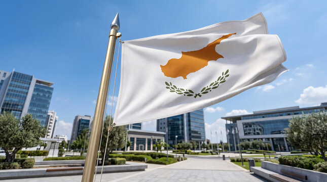Cypriot national flag waving in modern city plaza with office buildings and blue sky