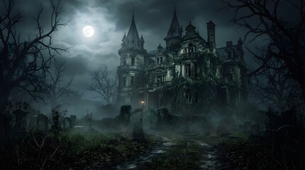 Obraz premium Eerie haunted mansion with a graveyard under a full moon in a dark foggy night