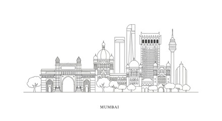 Naklejka premium Mumbai Skyline Silhouette, India Landmark Line Art, Famous Architecture