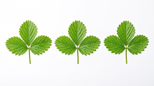 Three vibrant green strawberry leaves arranged in a row isolated on a clean white background for design
