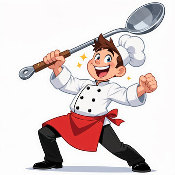 Crazy junior chef with giant spoon grins wildly on white background, exuding enthusiasm and energy.