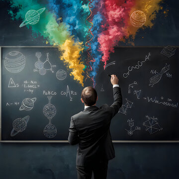 Scientist draws complex formulas on chalkboard with colorful smoke explosion.