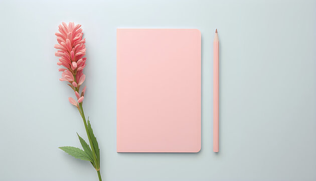 Soft pink notebook and pencil with delicate flower for creative journaling.
