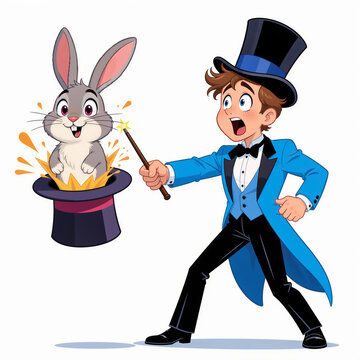 Surprised young magician with wild hair and big eyes holds a giant rabbit, bursting from his hat, on a white background.
