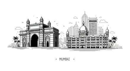 Naklejka premium Mumbai Skyline with Gateway of India and Taj Mahal Palace Hotel