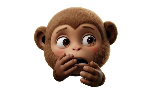 Expressive 3D cartoon monkey head covering its mouth in shock and surprise isolated on a solid white background. Ideal for kids content, funny reaction videos, social media stickers, emotional animati
