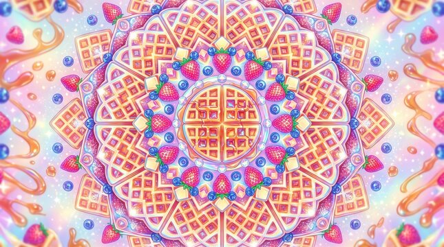Colorful waffle mandala with strawberries, blueberries, butter and maple syrup creating a festive pattern for National Waffle Day celebration in USA