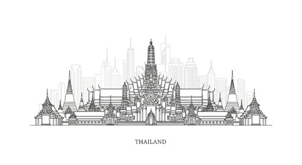 Fototapeta premium Bangkok Skyline Line Art: Grand Palace and Modern Buildings