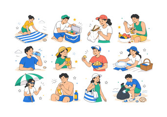 Fototapeta premium Beach Picnic Essentials. Blankets, coolers, sandwiches, fruit, drinks, snacks, plates, napkins, shade, sunscreen, bags, waste cleanup, and seashells. 12 minimalist editorial vector scenes: friend