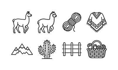 Naklejka premium Walking Llama Collection, line icon set featuring llama, alpaca, wool bundle, mountain, cactus, farm fence and market basket, covering Peru, farm animals, wool products, tourism and wildlife