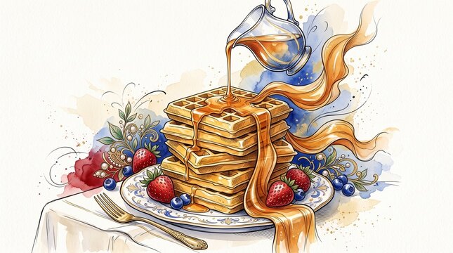 Watercolor stack of waffles with flowing maple syrup, strawberries and blueberries on decorative plate for elegant National Waffle Day celebration in USA