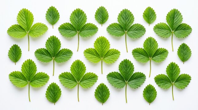 Top view pattern of fresh green strawberry leaves arranged neatly on a clean white background surface