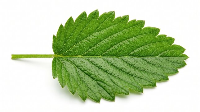 A single fresh green strawberry leaf isolated on a clean white background for botanical design projects