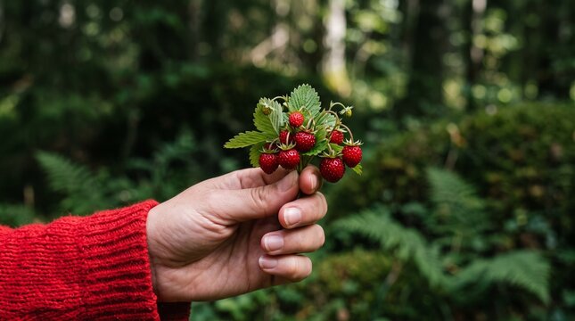 A person holding a small bunch of fresh wild strawberry fruits picked from the forest in nature