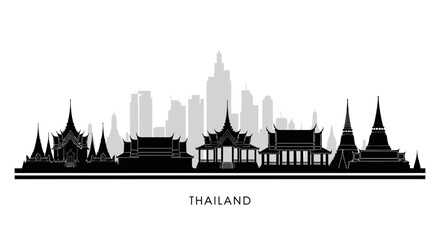 Naklejka premium Bangkok Thailand Skyline Silhouette - Traditional Temples and Modern Buildings