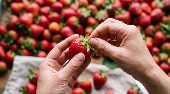 Close up of hands removing the green stem from a fresh ripe red strawberry during harvest season