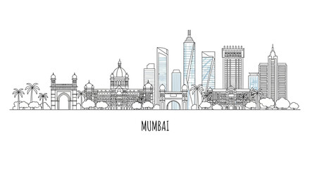 Naklejka premium Mumbai Skyline Art, India Cityscape Outline, Landmark Silhouette, Transparent Background